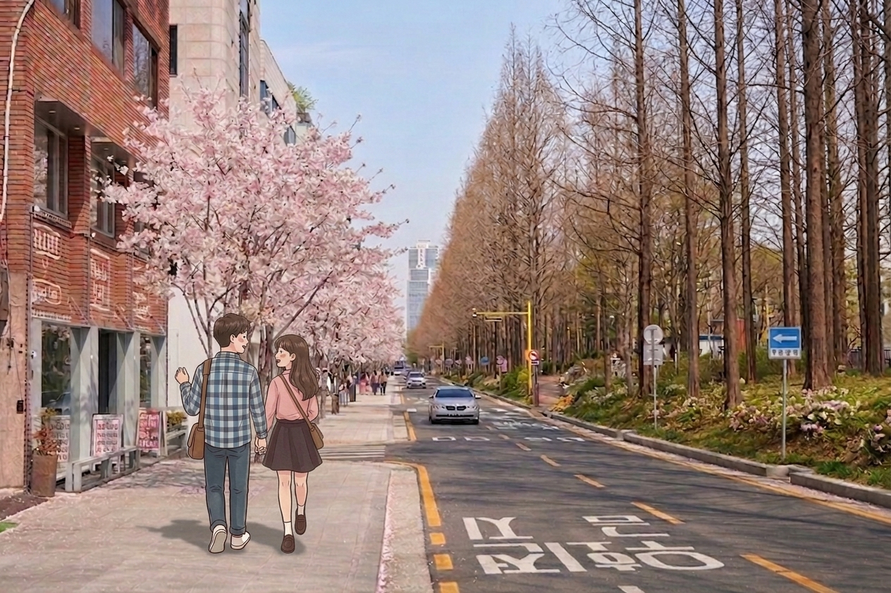 벚꽃이 흩날리는 양재천 산책로, 봄날 여유로운 데이트 풍경
