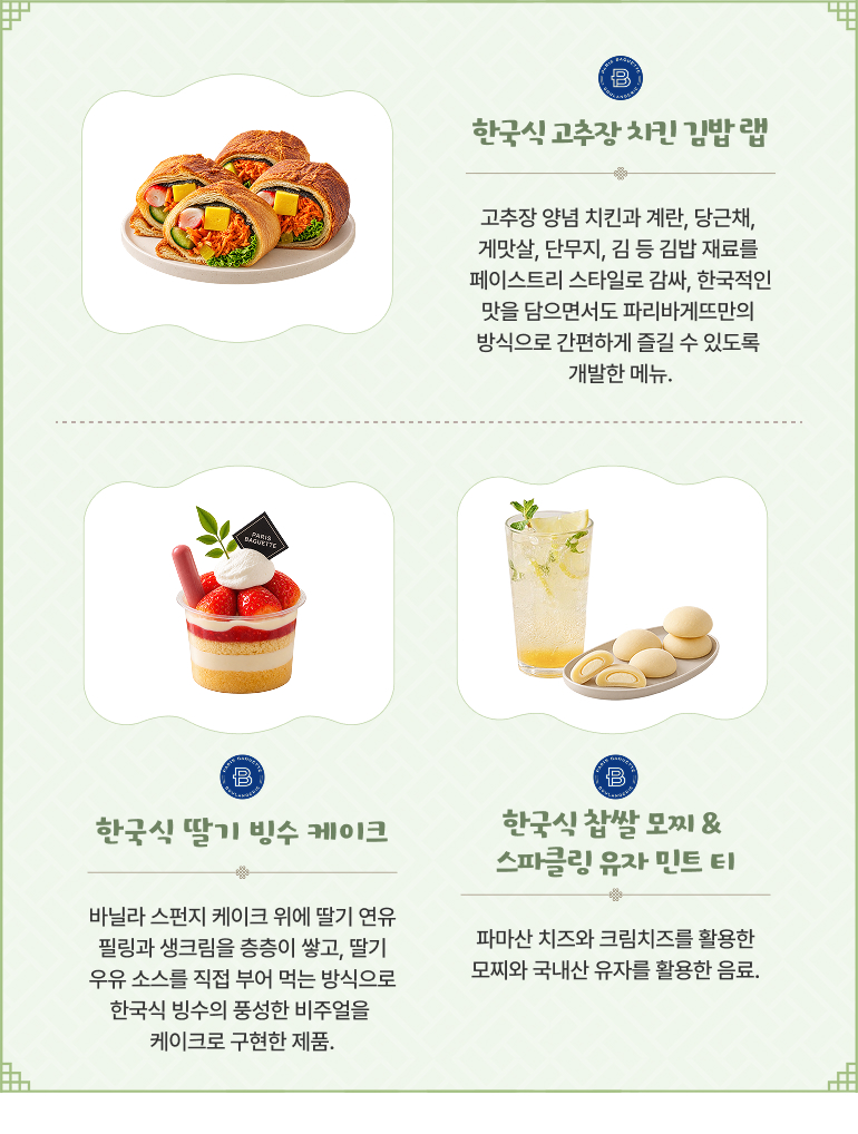 한국식 고추장 치킨 김밥 랩 고추장 양념 치킨과 계란, 당근채, 게맛살, 단무지, 김 등 김밥 재료를 페이스트리 스타일로 감싸, 한국적인 맛을 담으면서도 파리바게뜨만의 방식으로 간편하게 즐길 수 있도록 개발한 메뉴. 한국식 딸기 빙수 케이크 바닐라 스펀지 케이크 위에 딸기 연유 필링과 생크림을 층층이 쌓고, 딸기 우유 소스를 직접 부어 먹는 방식으로 한국식 빙수의 풍정한 비주얼을 케이크로 구현한 제품. 한국식 찹쌀 모찌 & 스파클링 유자 민트 티 파마산 치즈와 크림치즈를 활용한 모찌와 국내산 유자를 활용한 음료.