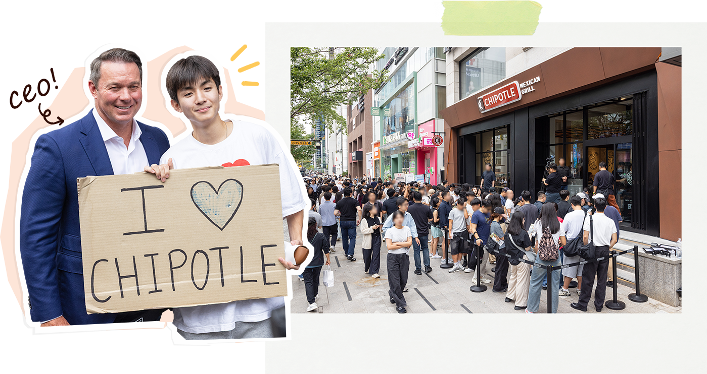 스콧 보트라이트 치폴레 CEO와 강남점'아시아 1호 손님' 앤드루 정 씨가 'I LOVE CHIPOTLE' 피켓을 들고  기념 촬영을 하고 있다.(왼쪽) 치폴레강남점 매장 앞에 길게 줄을 선 고객들의 모습(오른쪽).