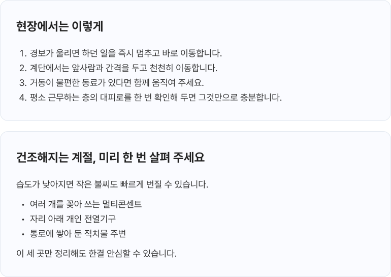 현장에서는 이렇게. 1. 경보가 울리면 하던 일을 즉시 멈추고 바로 이동합니다. 2. 계단에서는 앞사람과 간격을 두고 천천히 이동합니다. 3. 거동이 불편한 동료가 있다면 함께 움직여 주세요. 4. 평소 근무하는 층의 대피로를 한 번 확인해 두면 그것만으로 충분합니다. 건조해지는 계절, 미리 한 번 살펴 주세요. 습도가 낮아지면 작은 불씨도 빠르게 번질 수 있습니다. 여러 개를 꽂아 쓰는 멀티콘센트, 자리 아래 개인 전열기구, 통로에 쌓아 둔 적치물 주변. 이 세 곳만 정리해도 한결 안심할 수 있습니다.